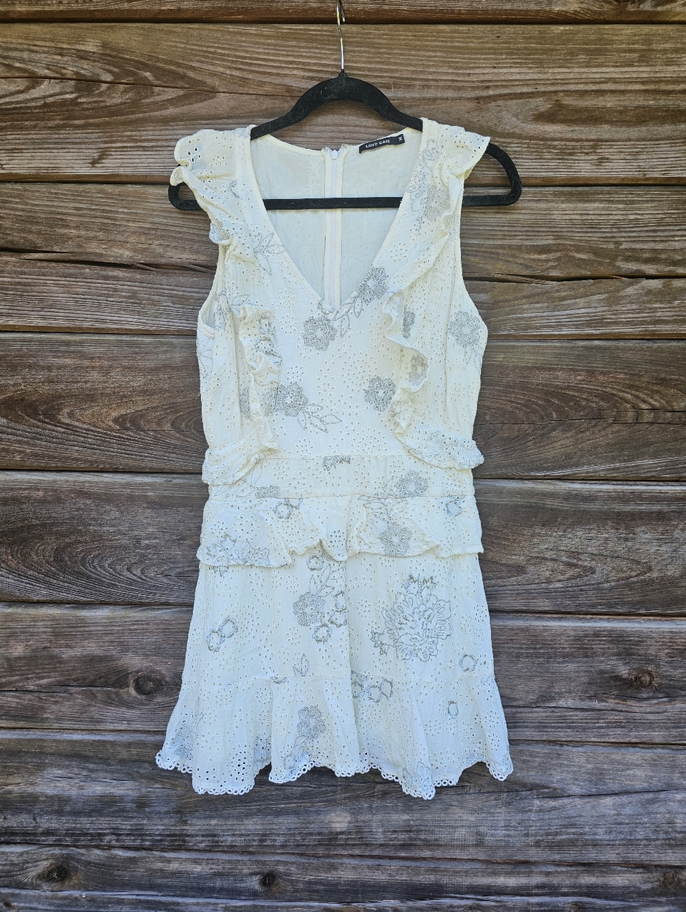 Love Sam Ivory Eyelet Lace Ruffle Mini Dress Boho Embroidered Size M